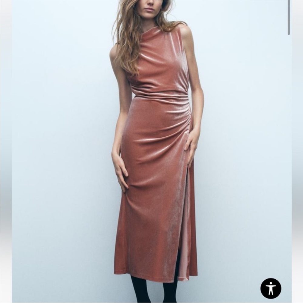 Zara Women’s M Dusty Pink VELVET MIDI DRESS Ruched Slit Front New 9228/617